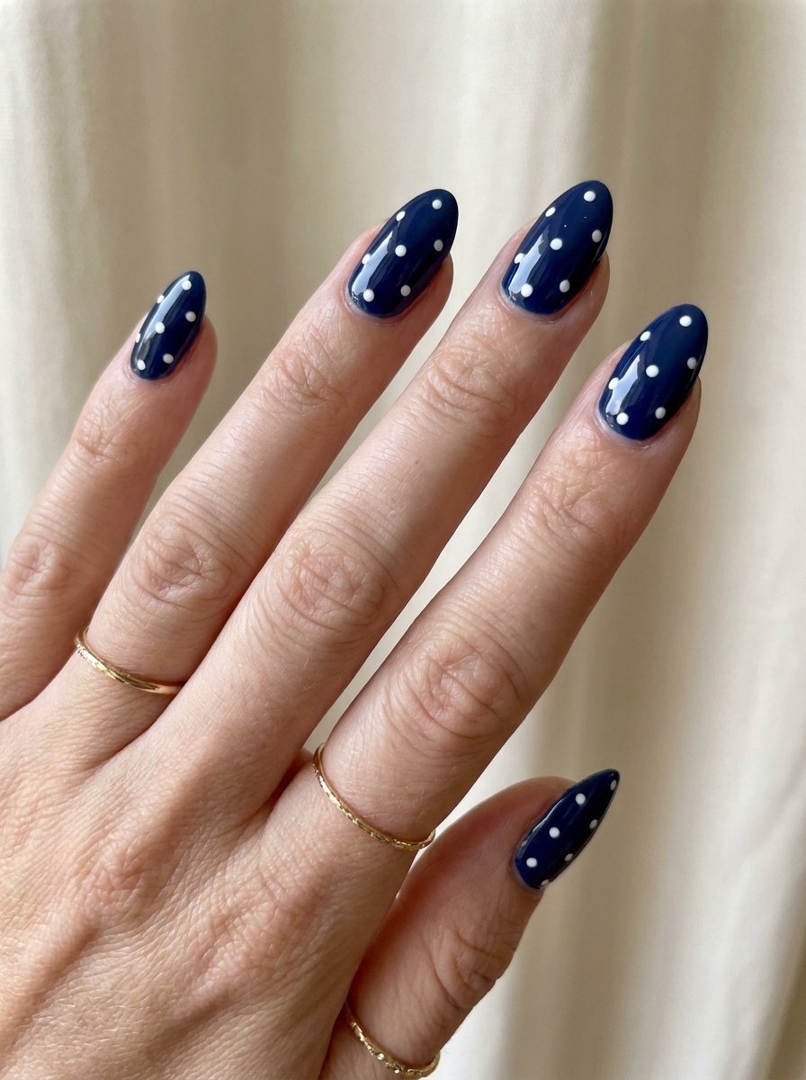 Navy Blue Polka Dot Nails mit dunkelblauer Basis und weißen Punkten